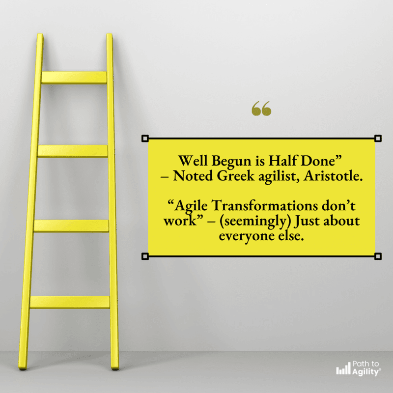Agile transformation insights with quotes from Aristotle and modern perspectives on success.