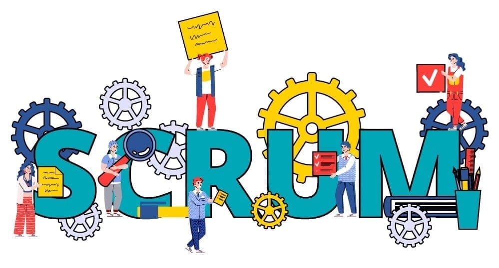 Visual representation of SCRUM concepts with team members and gears illustrating agile project management.