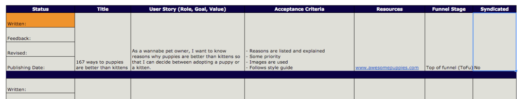 Agile editorial calendar version 2 with streamlined Kanban-style status columns
