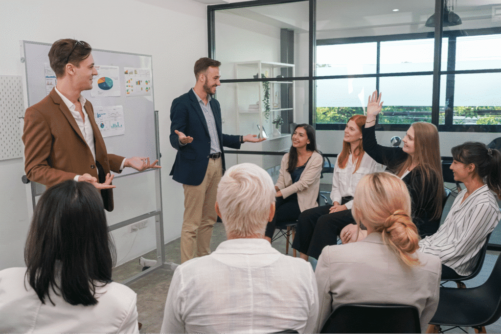 Dynamic team meeting with an Agile coach in a modern office environment.
