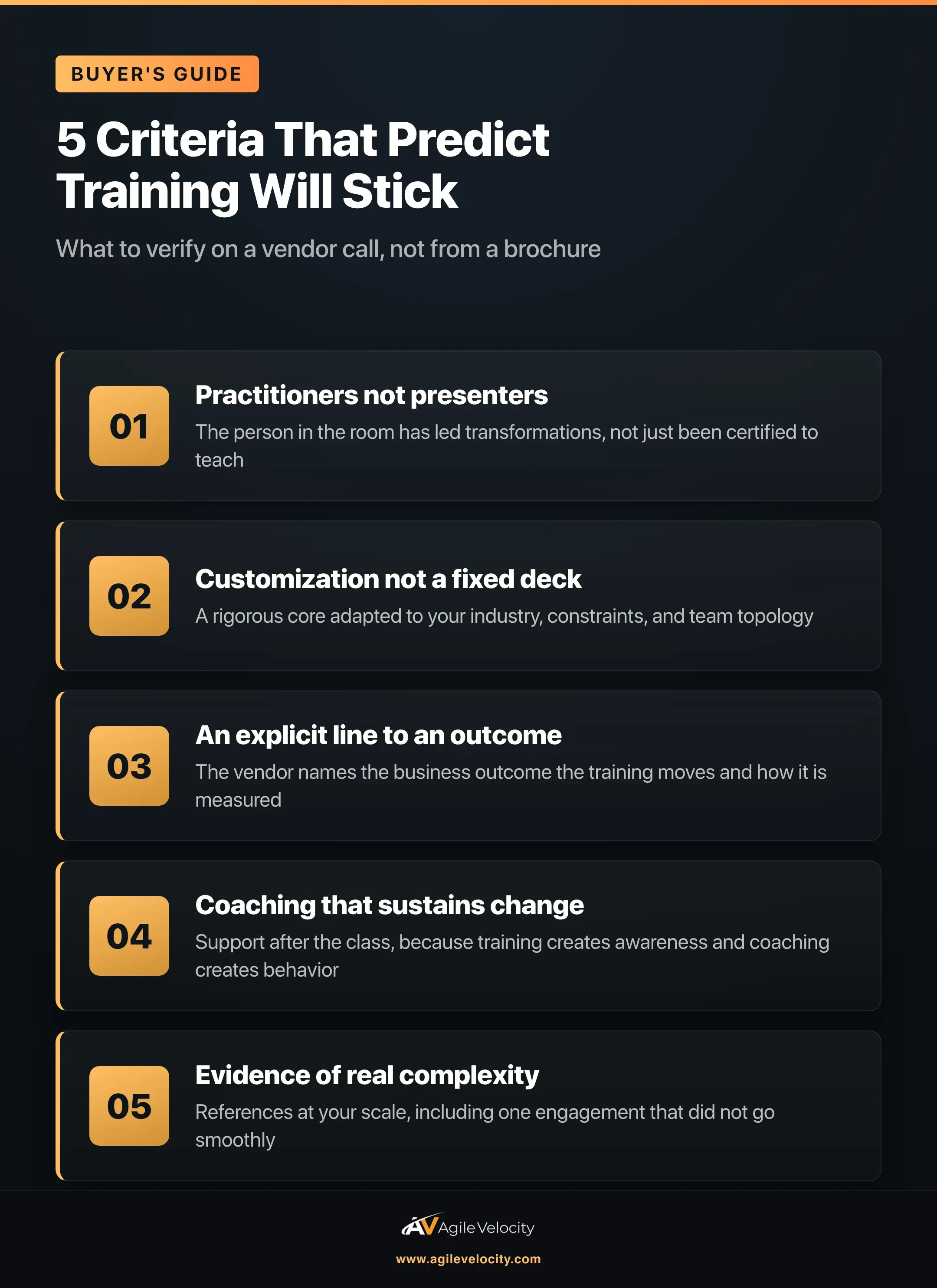 Five criteria that predict enterprise agile training will stick: practitioners not presenters, customization not a fixed deck, an explicit line to a business outcome, coaching that sustains change, and evidence of real enterprise complexity