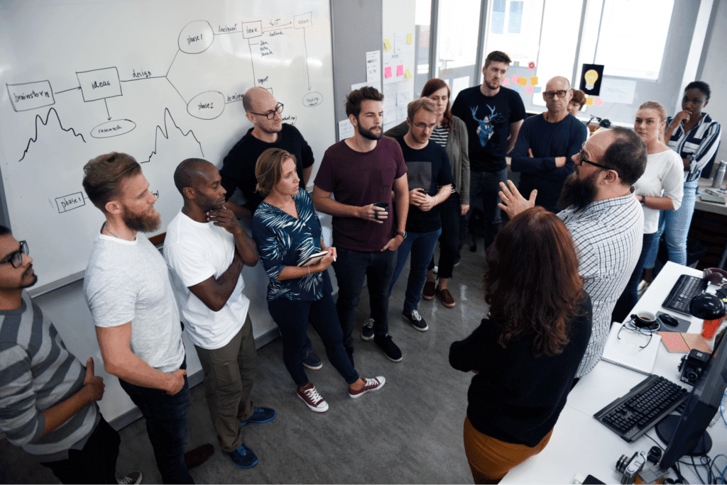 Creative team brainstorming in an engaging meeting space.