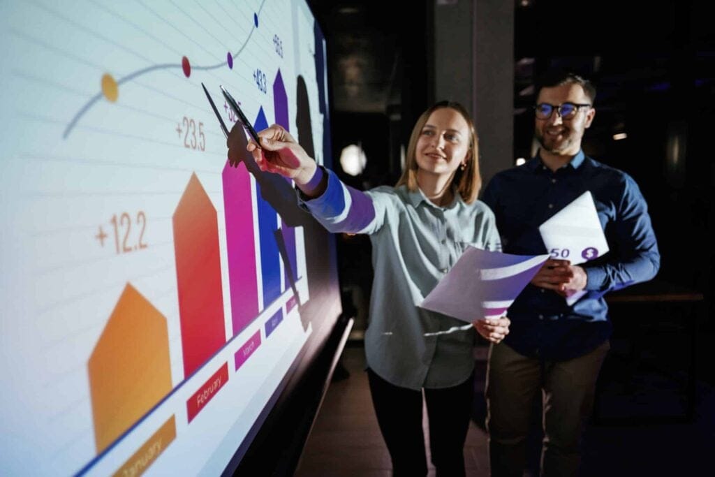 Team analyzing business metrics for agile transformation using a projector display.